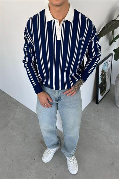 Lacivert Çizgili Oversize Polo Yaka Sweatshirt