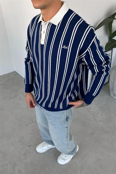 Lacivert Çizgili Oversize Polo Yaka Sweatshirt