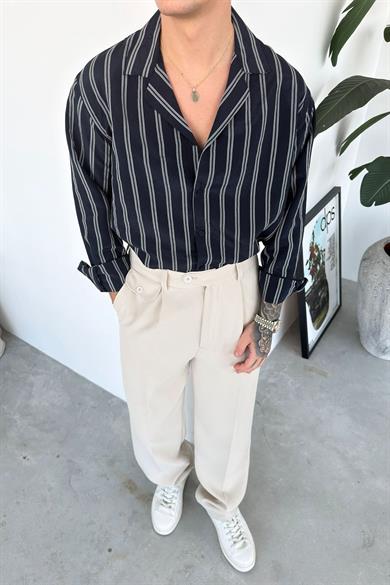 Lacivert Çizgili Premium Relaxed Gömlek