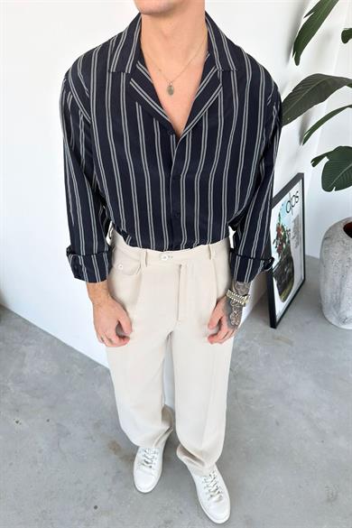 Lacivert Çizgili Premium Relaxed Gömlek