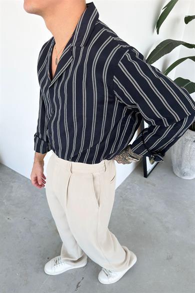 Lacivert Çizgili Premium Relaxed Gömlek