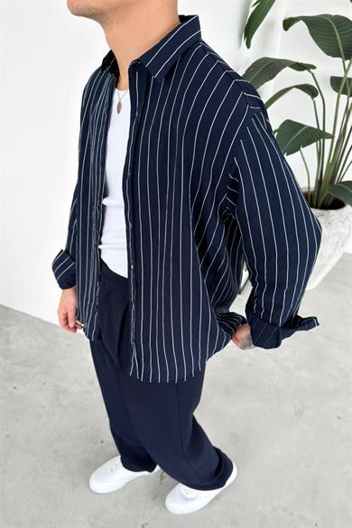 Lacivert Çizgili Relaxed Gömlek