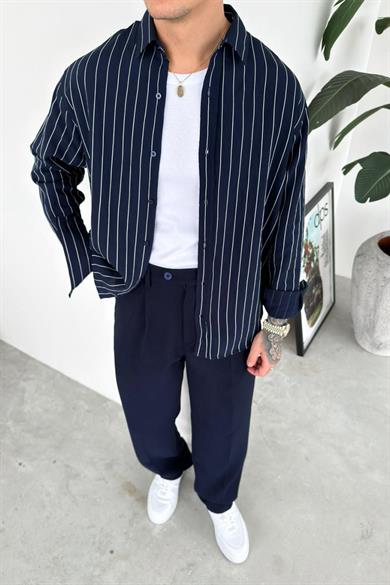Lacivert Çizgili Relaxed Gömlek