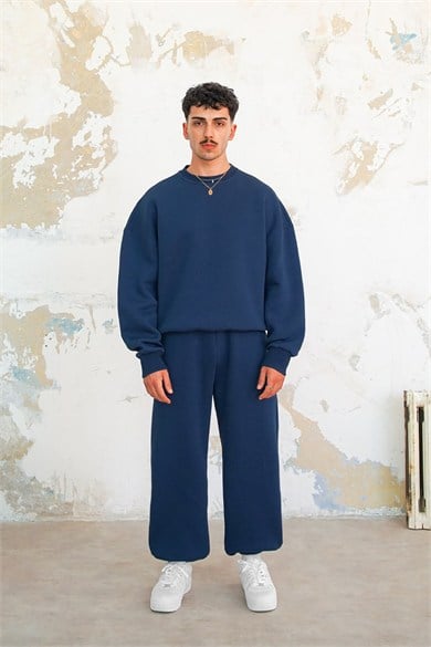 Lacivert Cozy Basic Bisiklet Yaka Oversize Eşofman Takımı