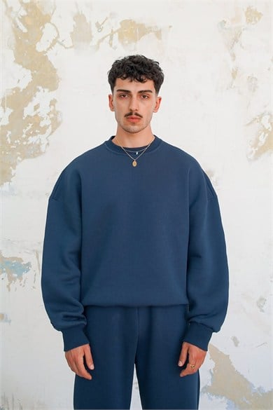 Lacivert Cozy Basic Bisiklet Yaka Oversize Eşofman Takımı