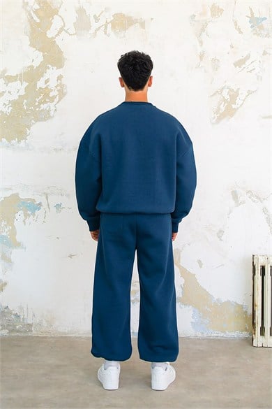 Lacivert Cozy Basic Bisiklet Yaka Oversize Eşofman Takımı