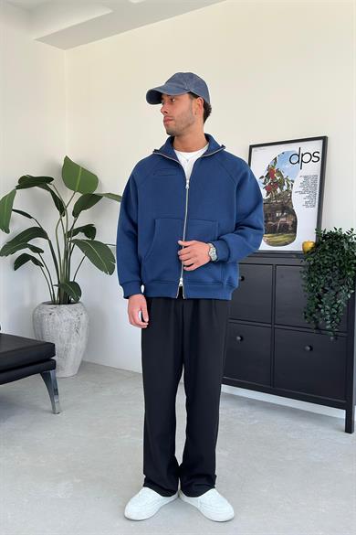 Lacivert Cozy Basic Çift Fermuar Oversize Sweatshirt