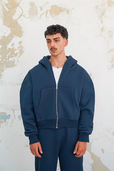 Lacivert Cozy Basic Tam Fermuar Oversize Sweatshirt