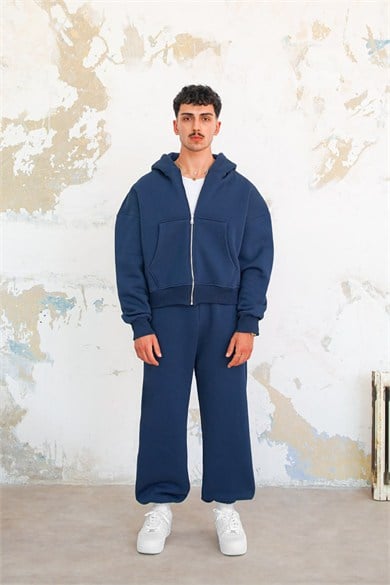 Lacivert Cozy Basic Tam Fermuarlı Oversize Eşofman Takımı