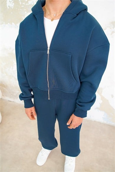 Lacivert Cozy Basic Tam Fermuarlı Oversize Eşofman Takımı