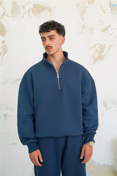 Lacivert Cozy Basic Yarım Fermuar Oversize Sweatshirt