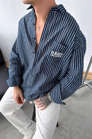 Lacivert Daily Nakışlı Çizgili Oversize Gömlek