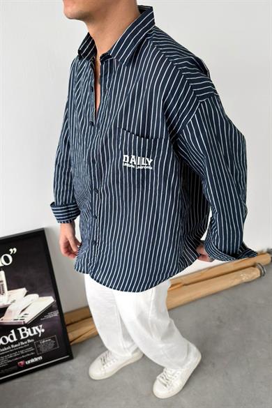 Lacivert Daily Nakışlı Çizgili Oversize Gömlek