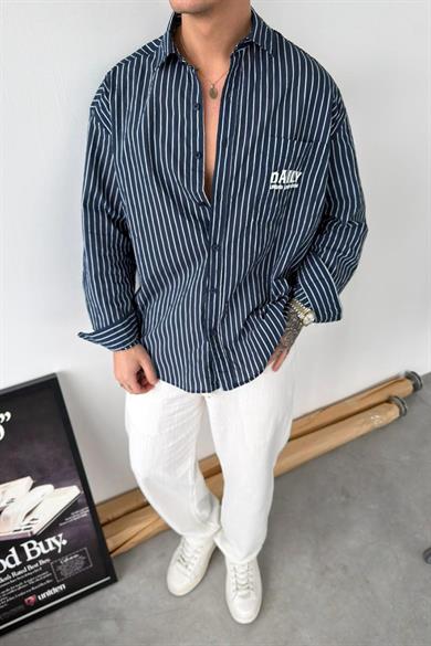 Lacivert Daily Nakışlı Çizgili Oversize Gömlek