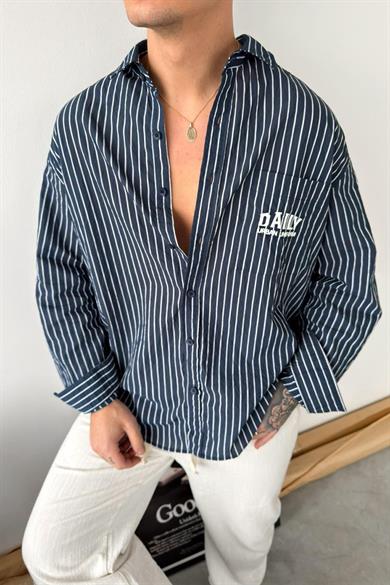 Lacivert Daily Nakışlı Çizgili Oversize Gömlek
