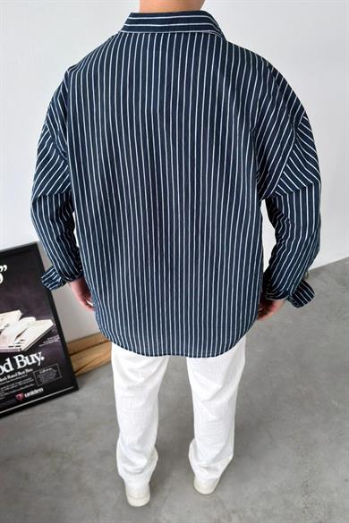 Lacivert Daily Nakışlı Çizgili Oversize Gömlek
