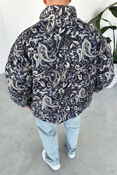 Lacivert Desenli Kadife Şişme Mont
