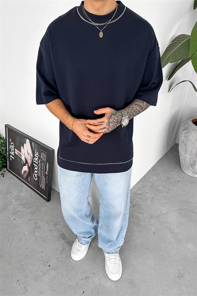 Lacivert Dikiş Detaylı Oversize Tişört