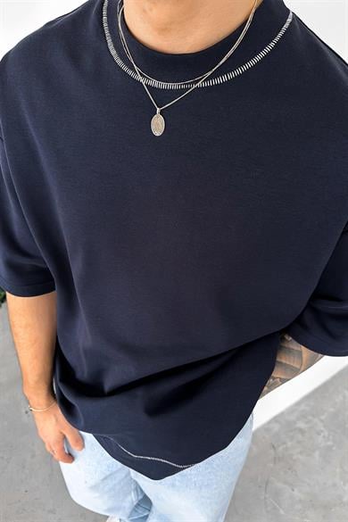 Lacivert Dikiş Detaylı Oversize Tişört