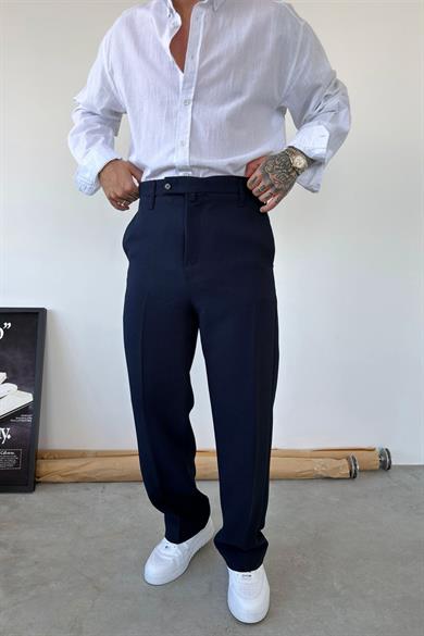 Lacivert Dokulu Basic Kumaş Pantolon