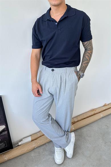 Lacivert Dokulu Kumaş Relaxed Polo Yaka Tişört