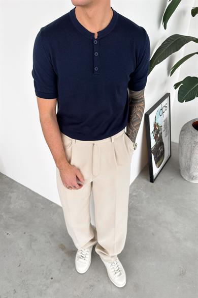 Lacivert Düğmeli Yaka Relaxed Triko Tişört