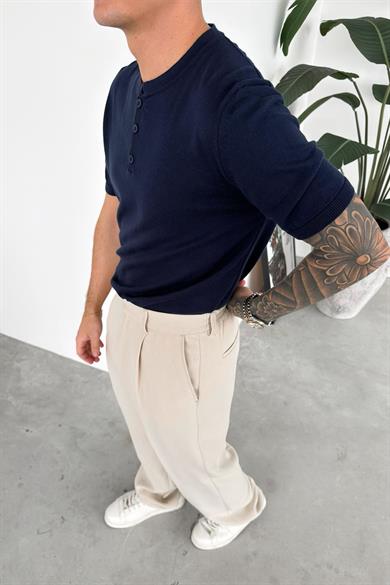 Lacivert Düğmeli Yaka Relaxed Triko Tişört