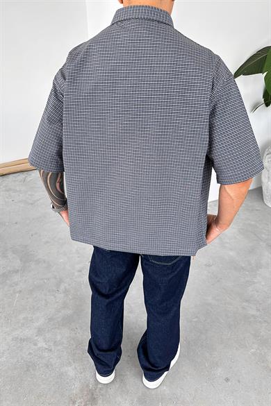 Lacivert Ekose Desenli Oversize Gömlek