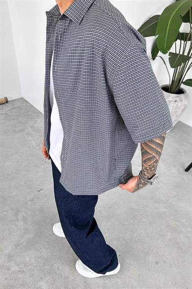 Lacivert Ekose Desenli Oversize Gömlek