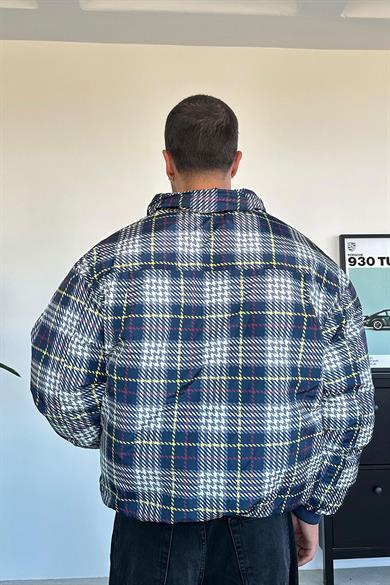 Lacivert Ekose Desenli Ultra Baskı Oversize Şişme Mont