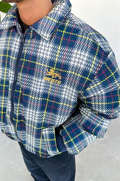 Lacivert Ekose Desenli Ultra Baskı Oversize Şişme Mont