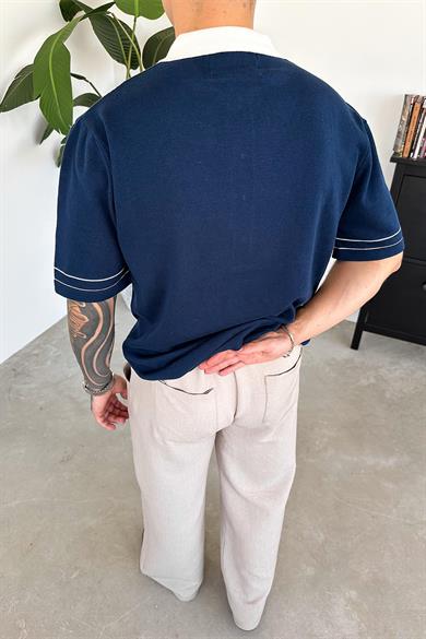 Lacivert Elegance Contrast Relaxed Polo Yaka Tişört