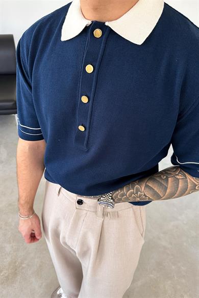 Lacivert Elegance Contrast Relaxed Polo Yaka Tişört