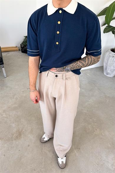 Lacivert Elegance Contrast Relaxed Polo Yaka Tişört
