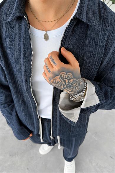 Lacivert Etnik Desen Premium Cropped Ceket