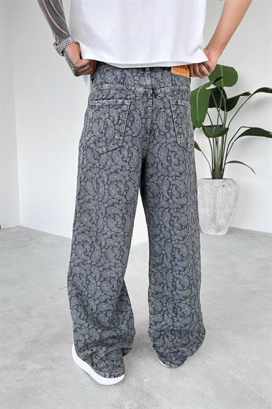 Lacivert Etnik Desenli Premium Baggy Pantolon