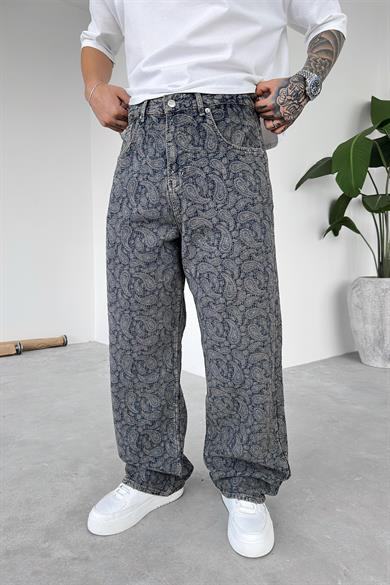 Lacivert Etnik Desenli Premium Baggy Pantolon