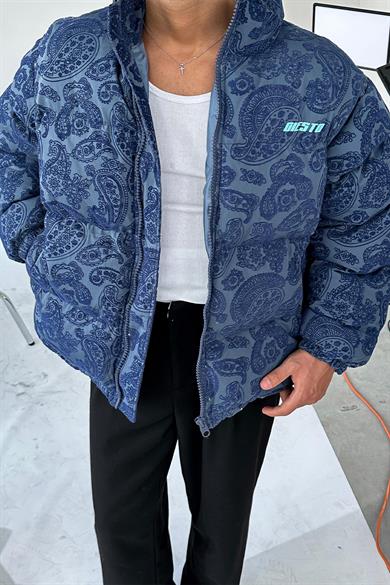 Lacivert Etnik Kabartma Detay Oversize Puffer Mont