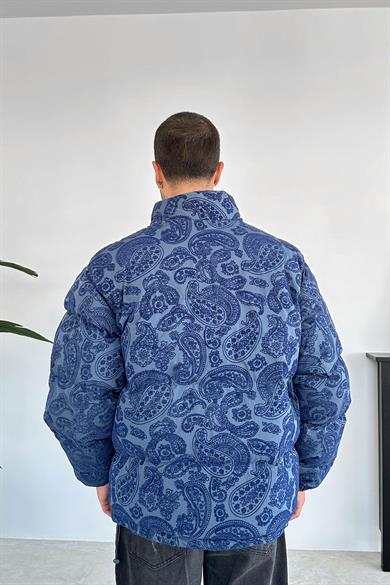 Lacivert Etnik Kabartma Detay Oversize Puffer Mont