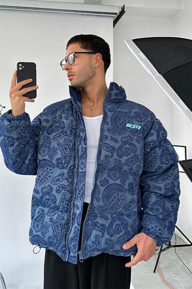 Lacivert Etnik Kabartma Detay Oversize Puffer Mont