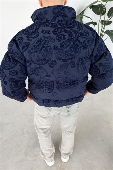 Lacivert Etnik Kabartma Detay Oversize Puffer Mont