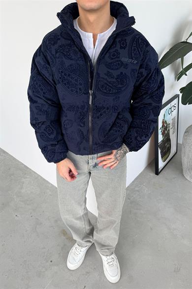 Lacivert Etnik Kabartma Detay Oversize Puffer Mont