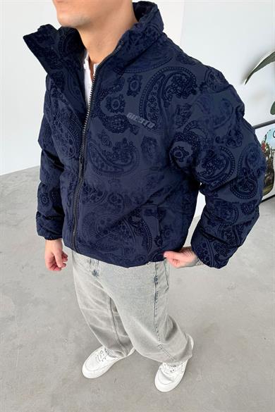 Lacivert Etnik Kabartma Detay Oversize Puffer Mont