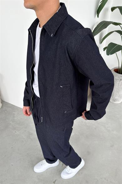 Lacivert Fermuarlı Dokulu Relaxed Fit Boxy Ceket