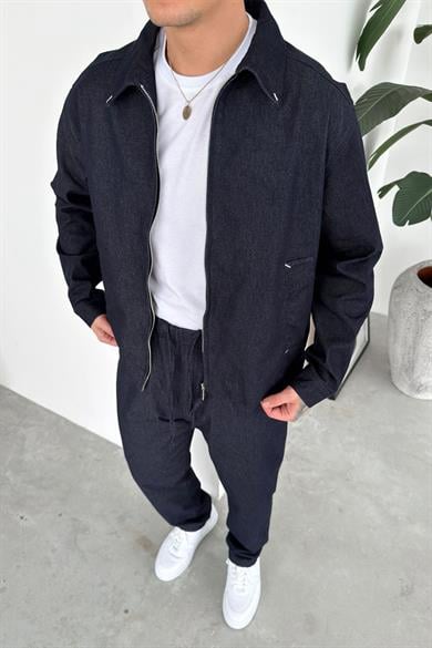 Lacivert Fermuarlı Dokulu Relaxed Fit Boxy Ceket