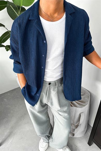 Lacivert Fitilli Basic Oversize Gömlek