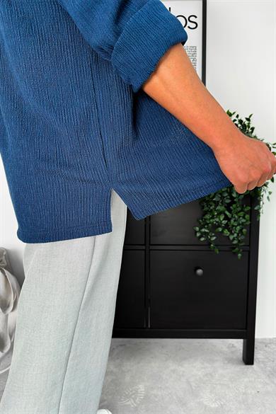 Lacivert Fitilli Basic Oversize Gömlek