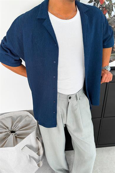 Lacivert Fitilli Basic Oversize Gömlek