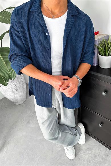 Lacivert Fitilli Basic Oversize Gömlek