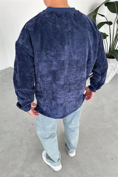 Lacivert Fitilli Kadife Basic Sweat